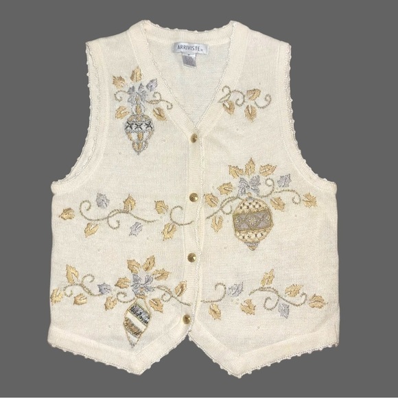 Vintage Arriviste Ugly Christmas Sweater Vest Adorned w. Silver & Gold Medium - Picture 10 of 14